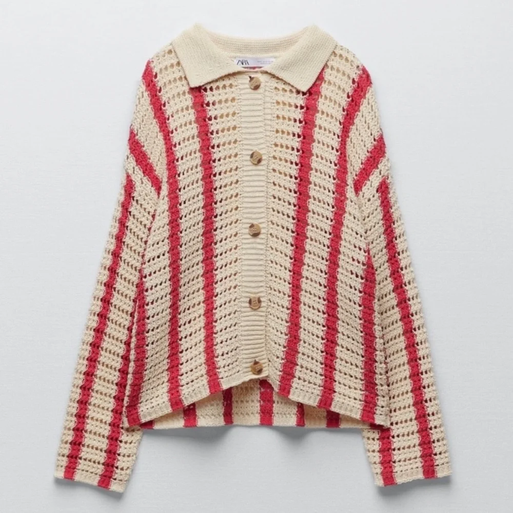 Zara Crochet Cardigan, buttons, beige/ red, striped, NWOT, M - Picture 1 of 6